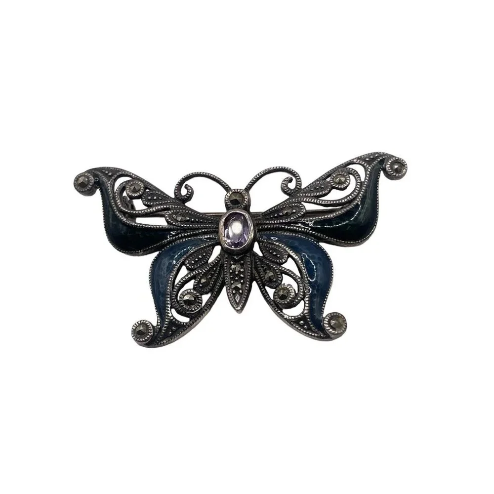 Sterling Silver 925 Faceted Amethyst Marcasite Enameled Butterfly Brooch Pin VTG